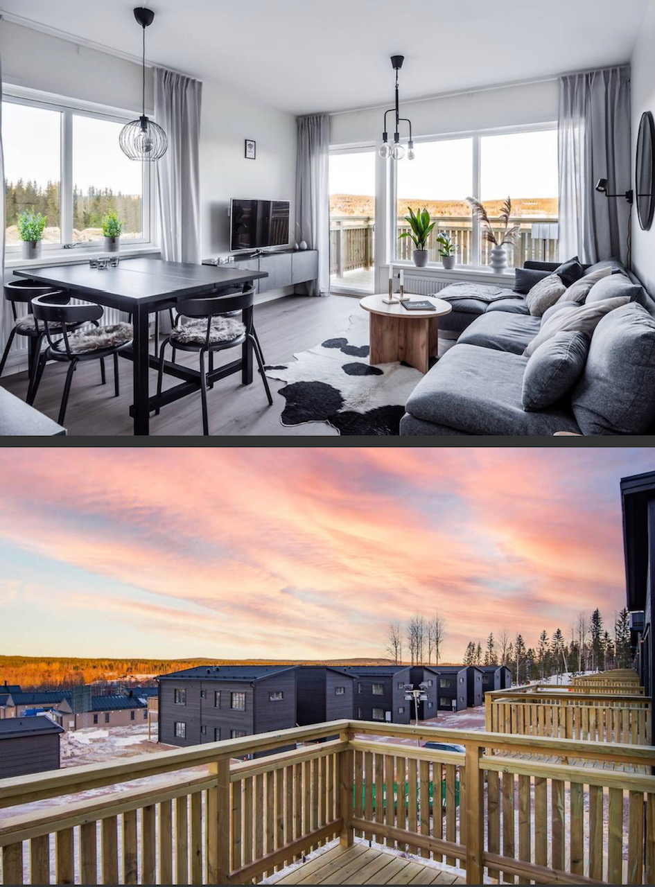 Sandviken Living apartment interior and balcony view at Kungsberget